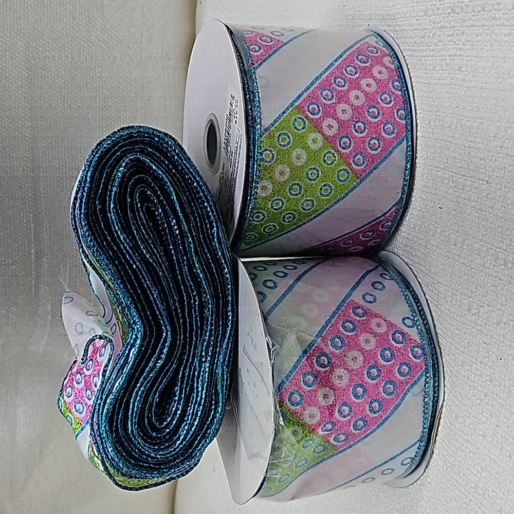 Kurt S Adler Wired Ribbon. Pink, White, Blue and Green